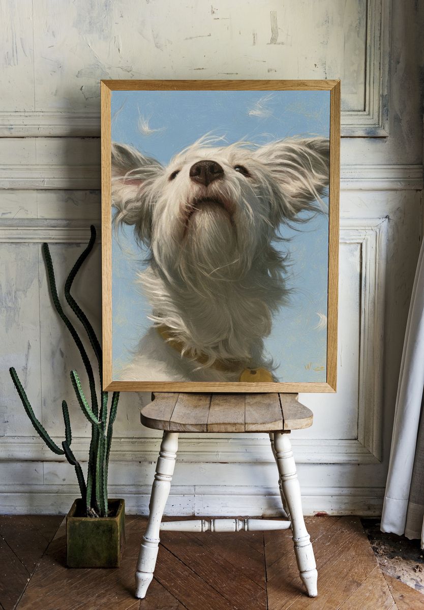 Whimsical White Dog Portrait Print. — room view 1