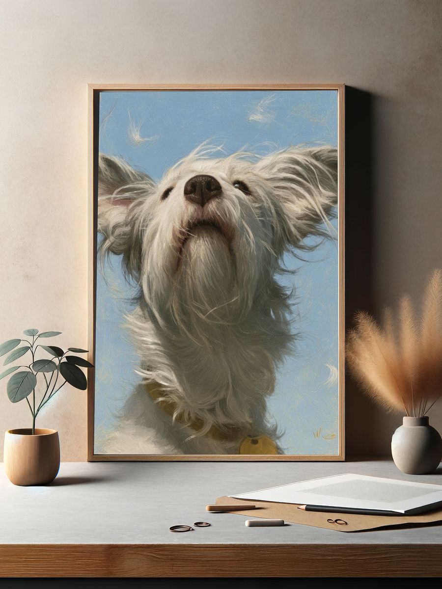 Whimsical White Dog Portrait Print. — room view 2