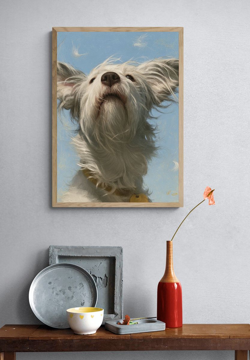 Whimsical White Dog Portrait Print. — room view 3