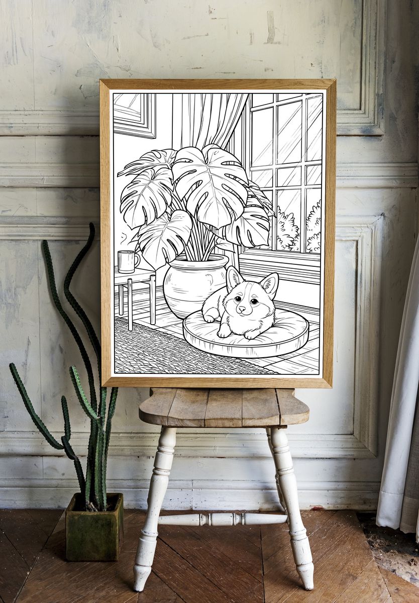 Corgi and Monstera Line Art Poster. — room view 1