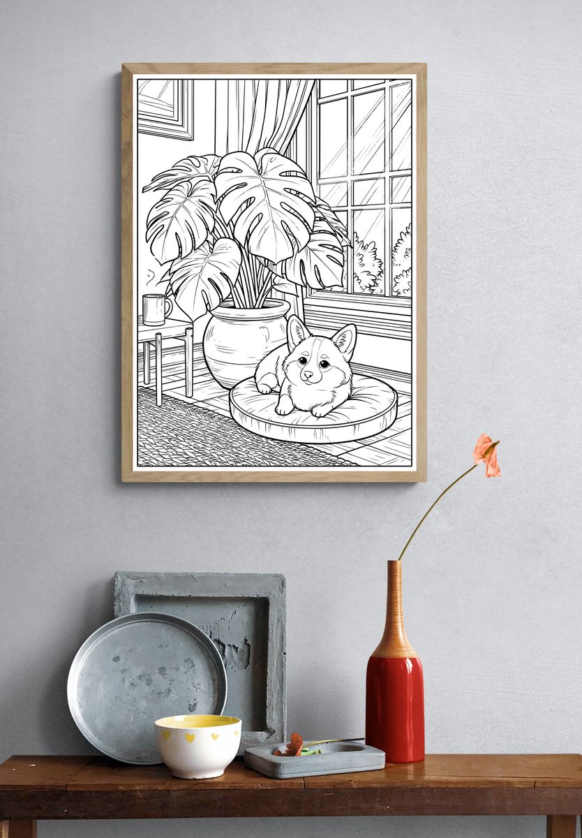 Corgi and Monstera Line Art Poster. — room view 3