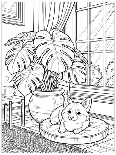 Corgi and Monstera Line Art Poster.