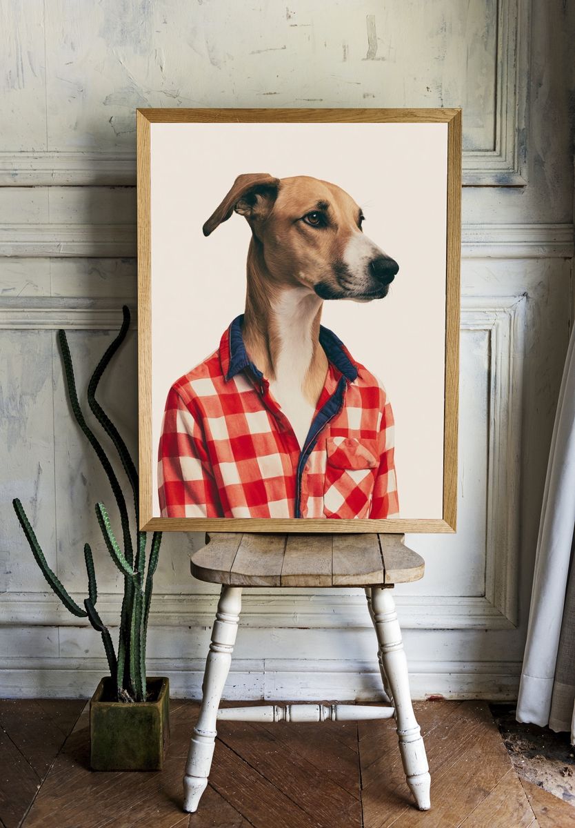 Whippet in Checkered Shirt Poster. room preview