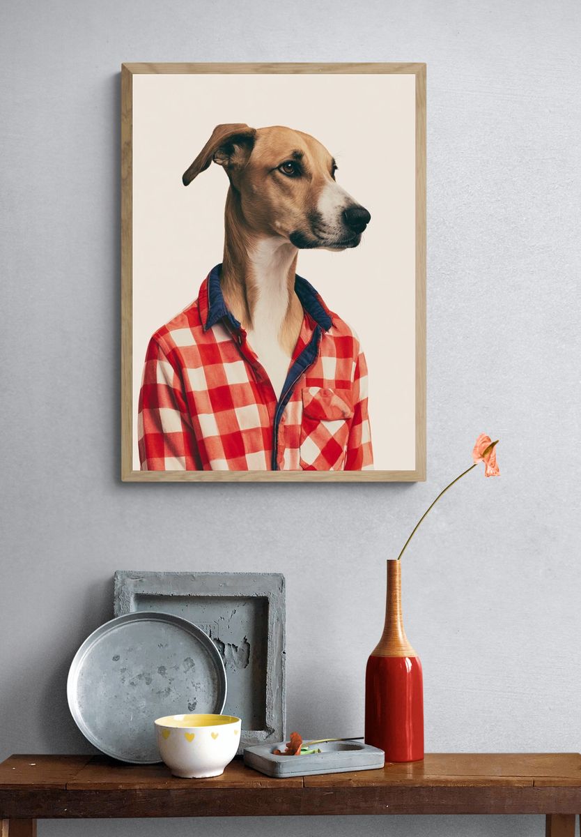 Whippet in Checkered Shirt Poster. — room view 3