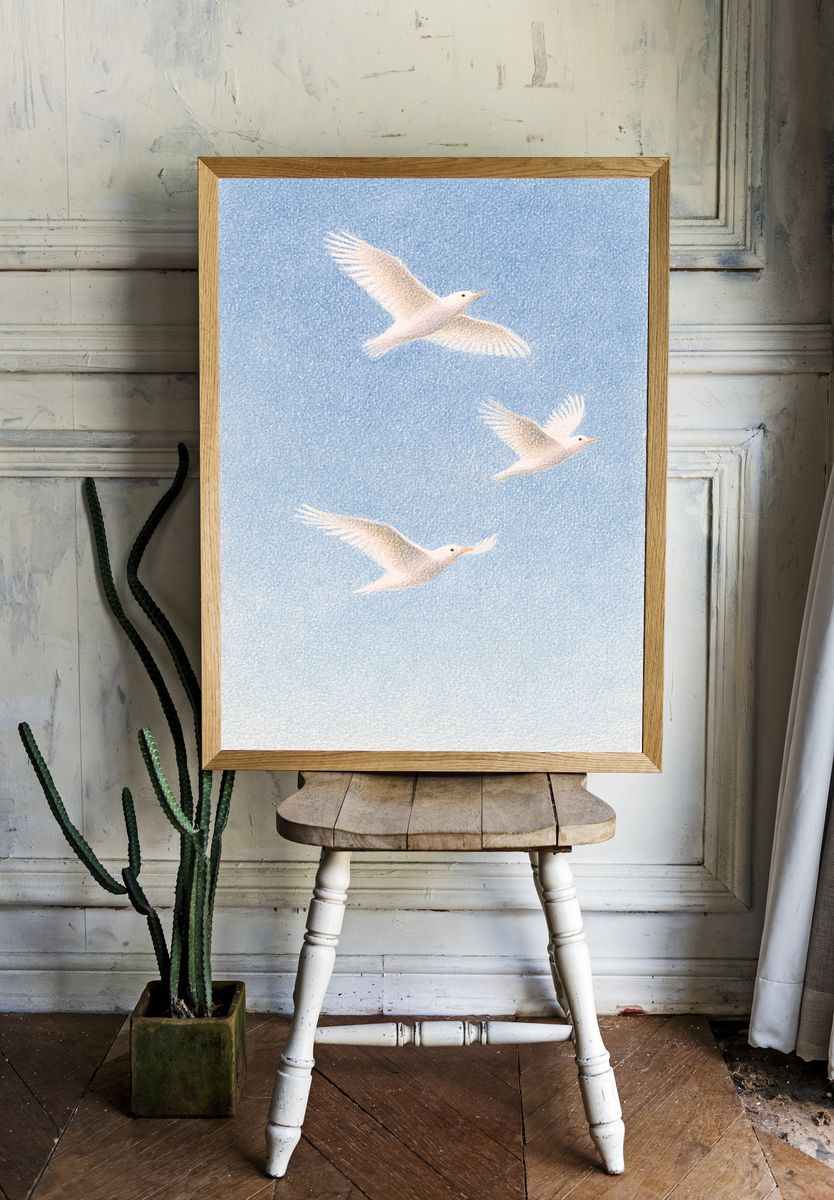 White Birds in Blue Sky Print. room preview