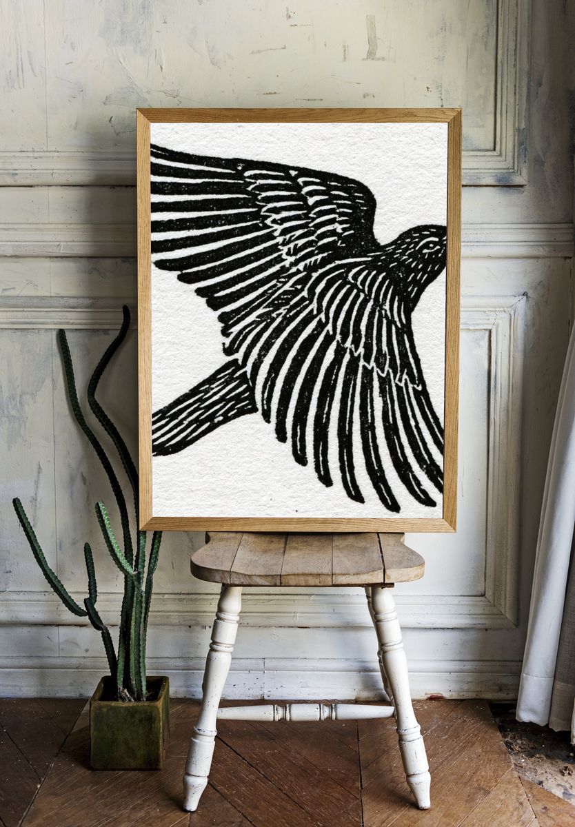 Flying Bird Ink Print. room preview