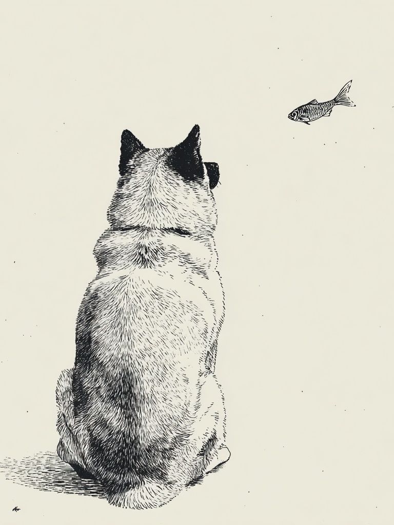 Cat and Fish Ink Illustration Poster. poster — animals art
