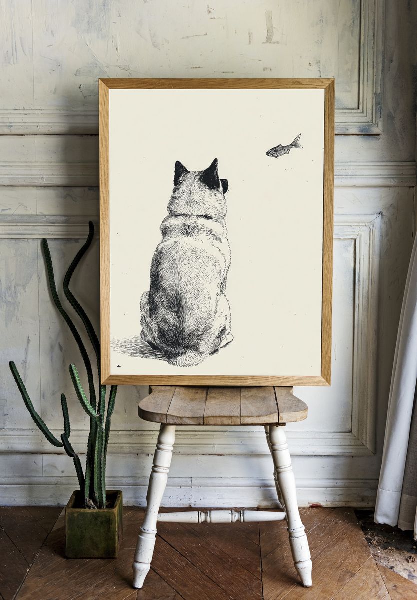 Cat and Fish Ink Illustration Poster. room preview