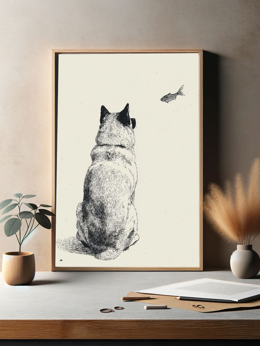 Cat and Fish Ink Illustration Poster. — room view 2