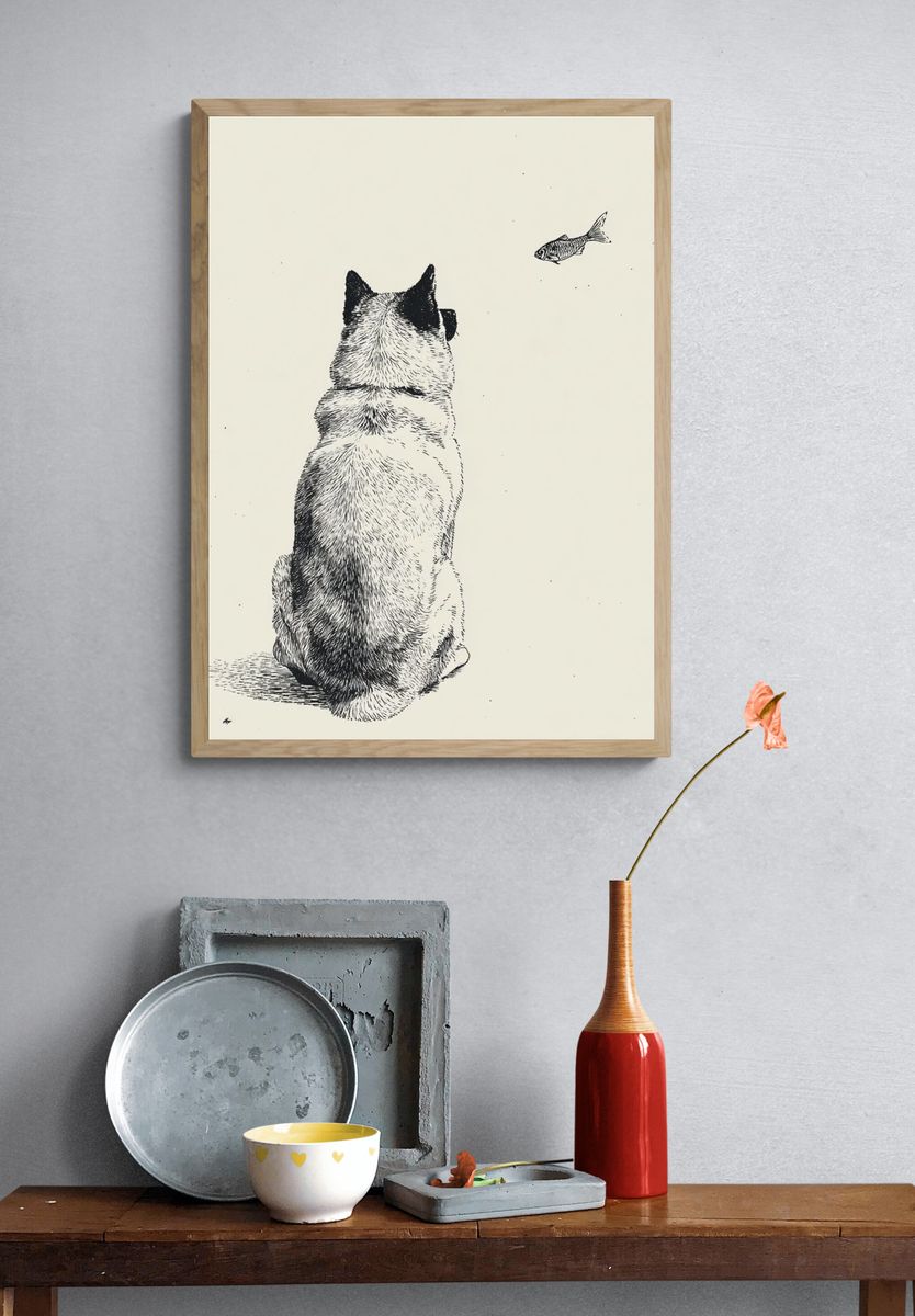 Cat and Fish Ink Illustration Poster. — room view 3