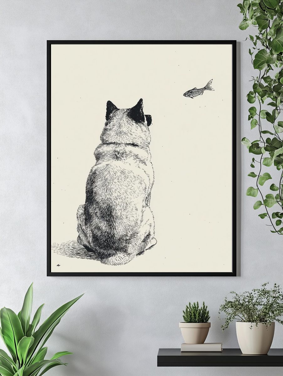 Cat and Fish Ink Illustration Poster. — room view 4