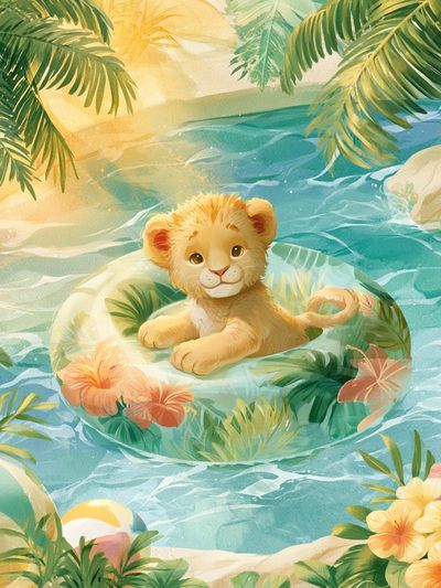 Tropical Lion Cub Illustration Poster.