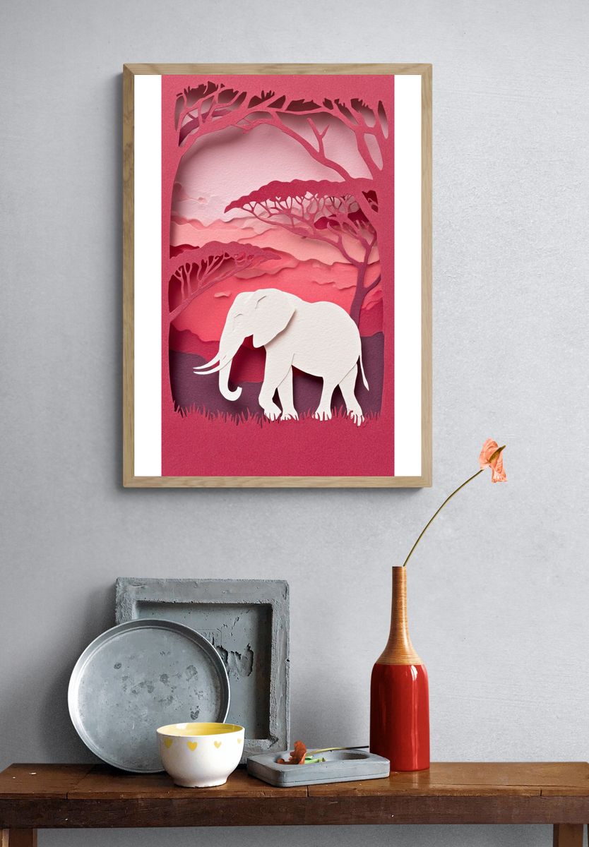 Elephant Silhouette Papercut Poster. — room view 3