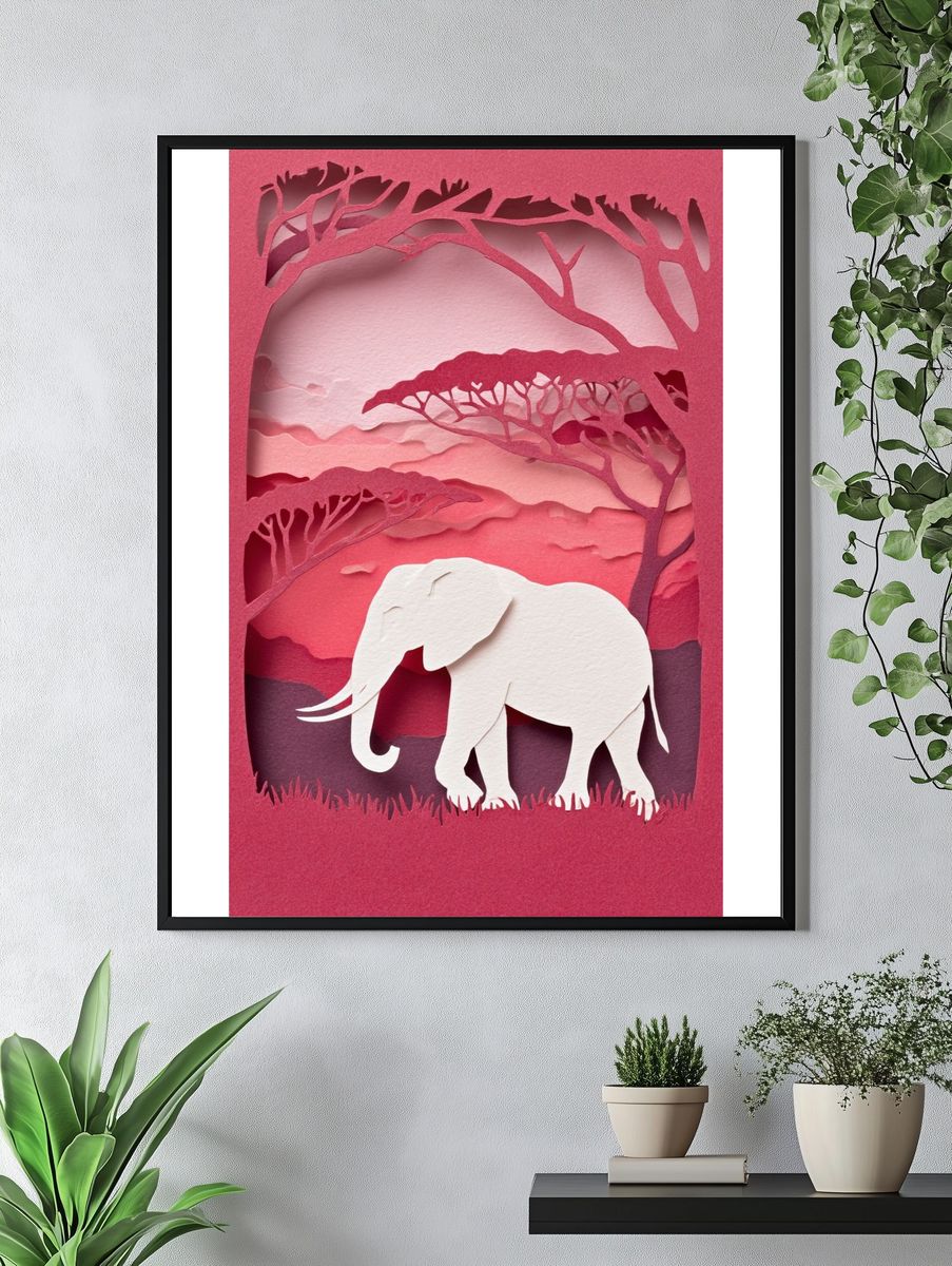 Elephant Silhouette Papercut Poster. — room view 4