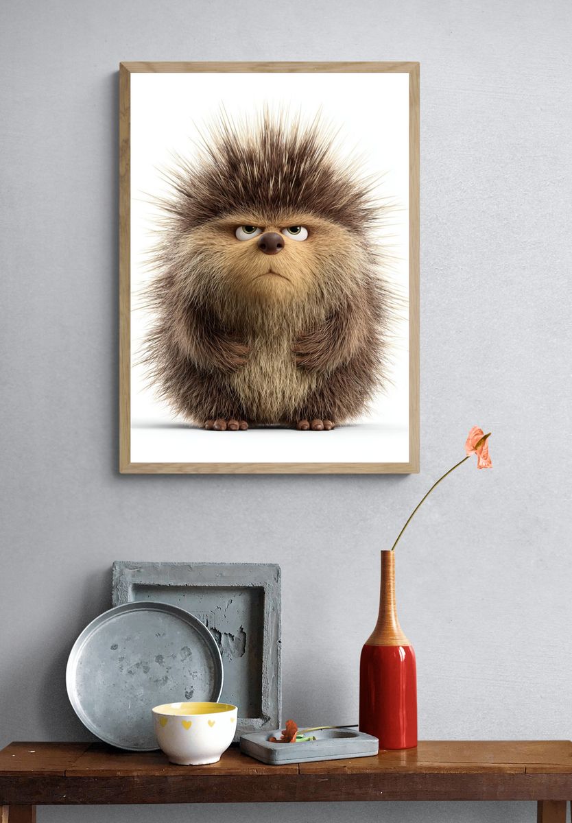 Grumpy Hedgehog Illustration Poster. — room view 3