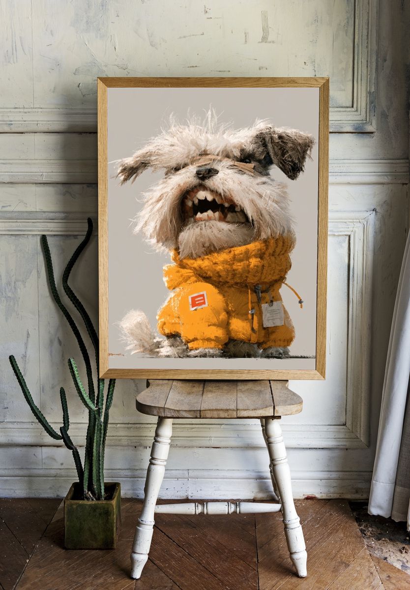 Scruffy Dog in Yellow Coat Poster. room preview