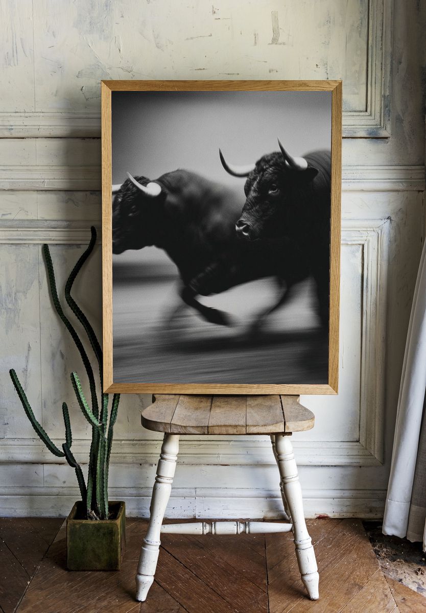 Running Bulls Black-White Poster. room preview