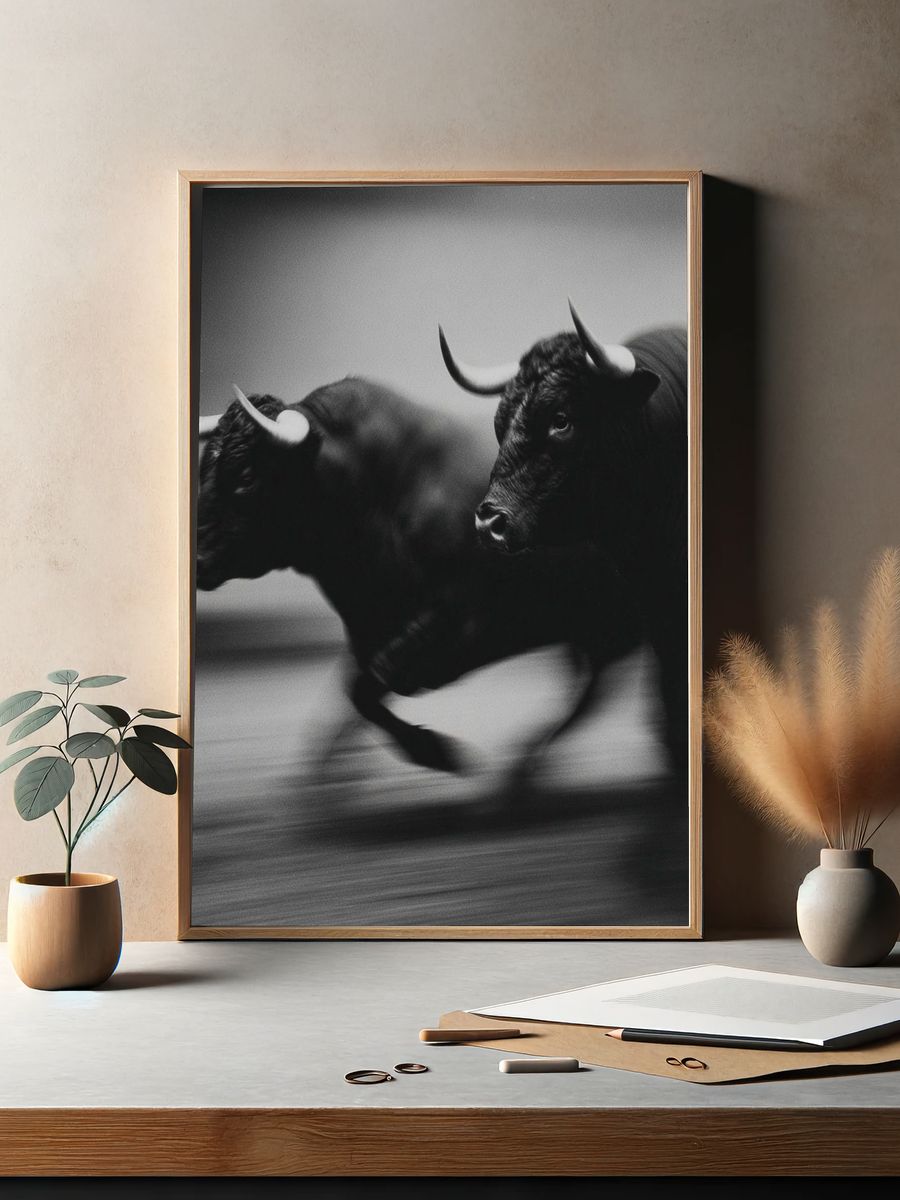 Running Bulls Black-White Poster. — room view 2