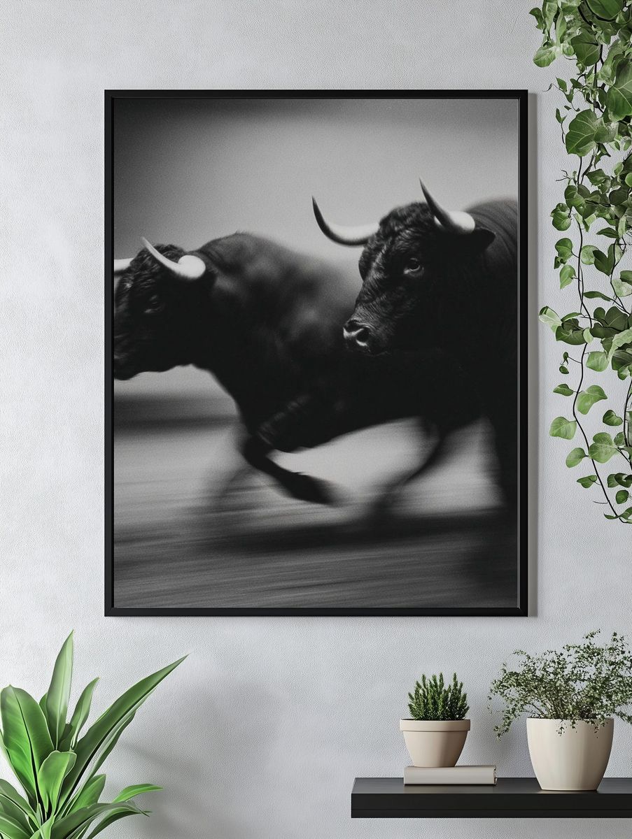 Running Bulls Black-White Poster. — room view 4