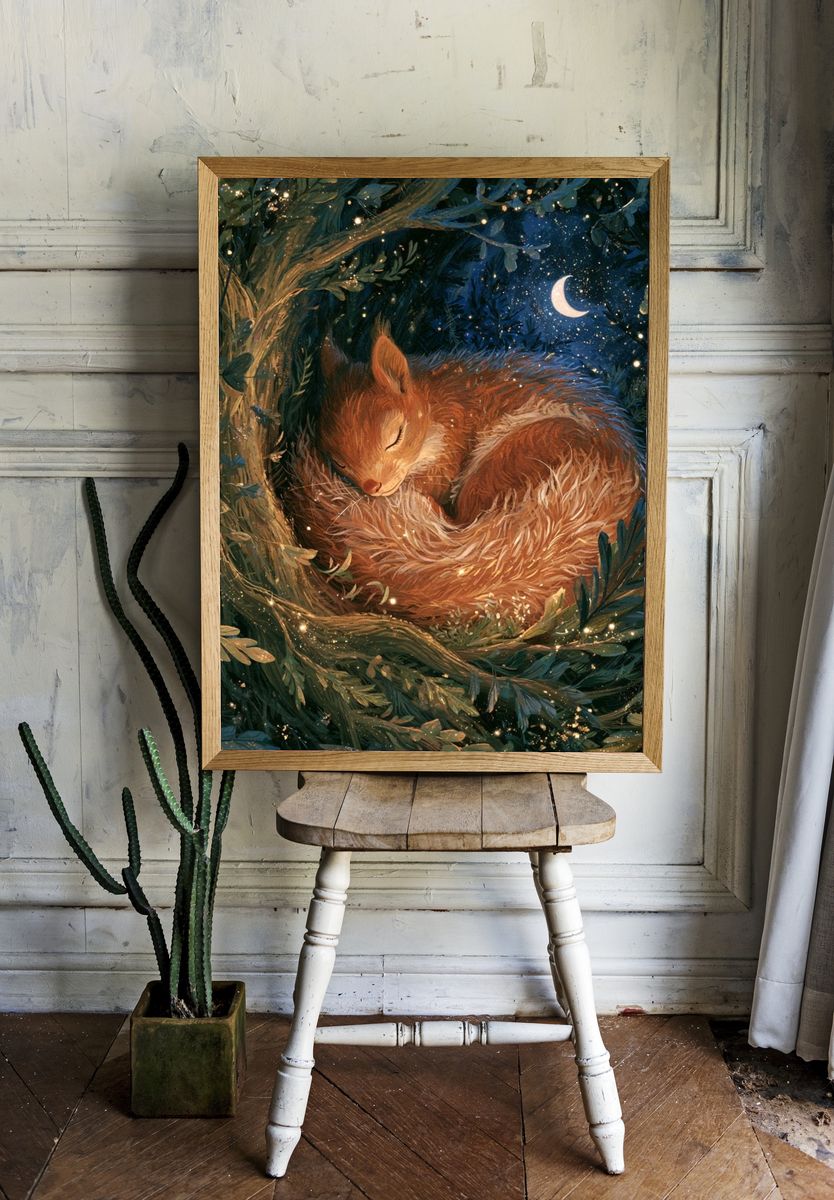 Sleeping Fox in Moonlit Forest Poster. room preview