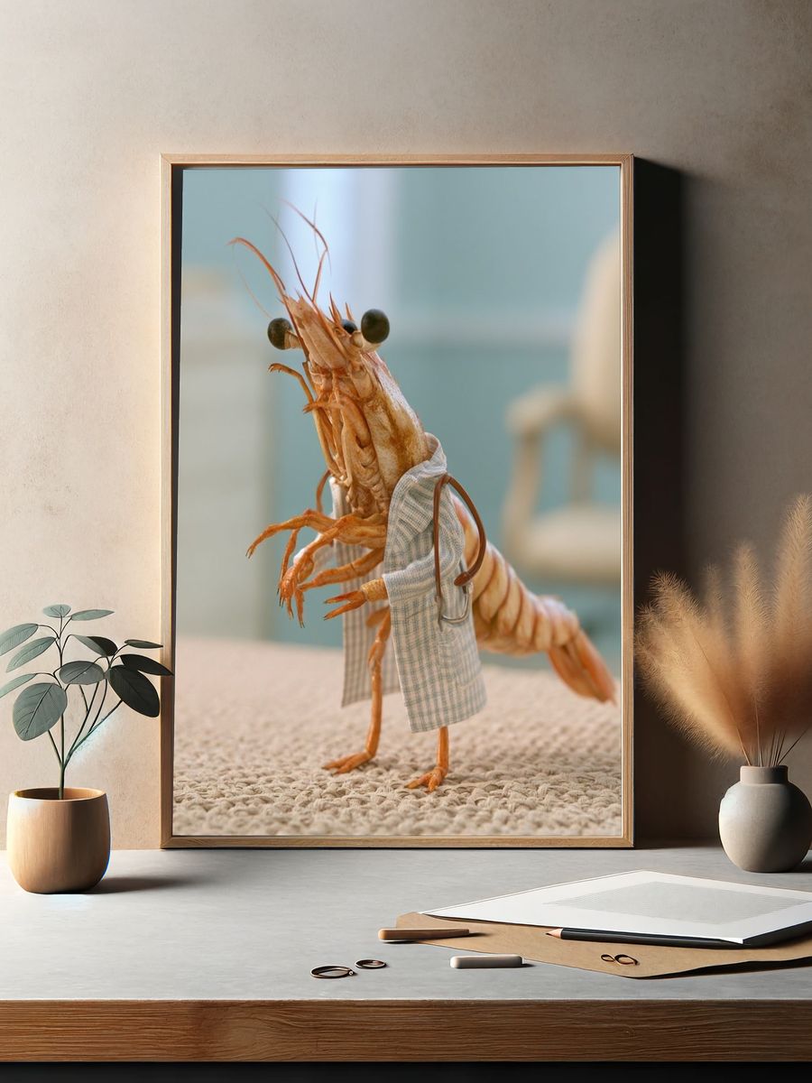 Shrimp in Lab Coat Photography Poster. — room view 2