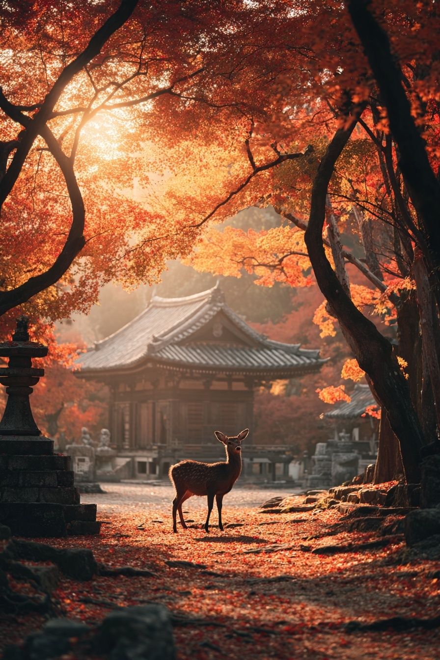 Autumn Deer Temple Poster. poster detail