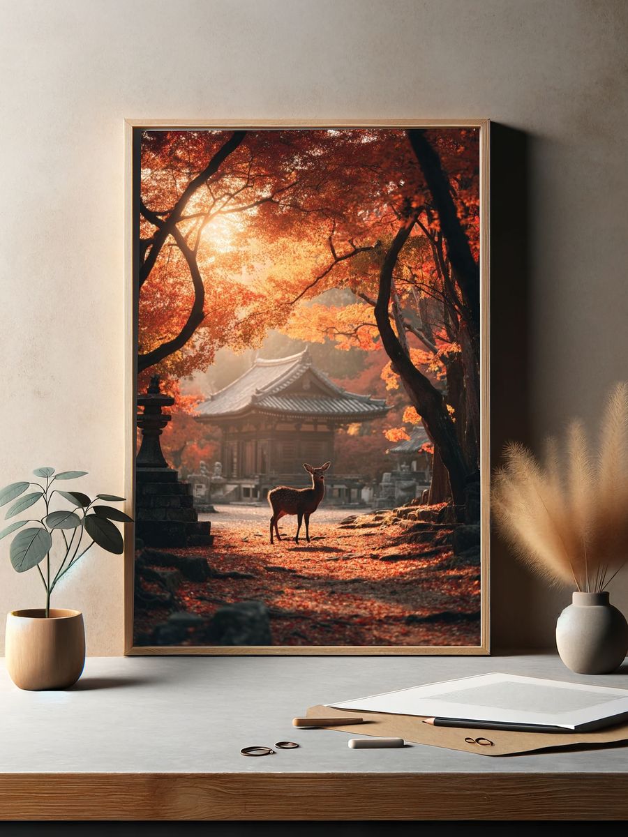 Autumn Deer Temple Poster. — room view 2