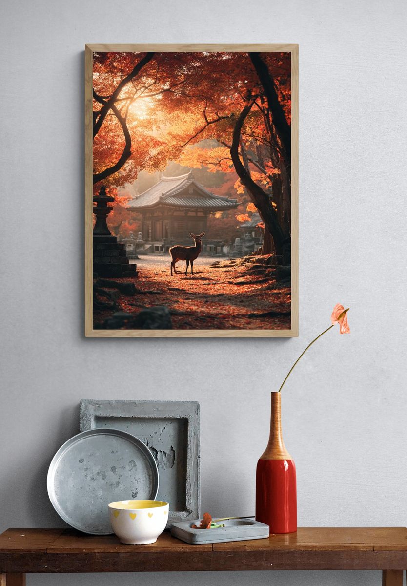 Autumn Deer Temple Poster. — room view 3