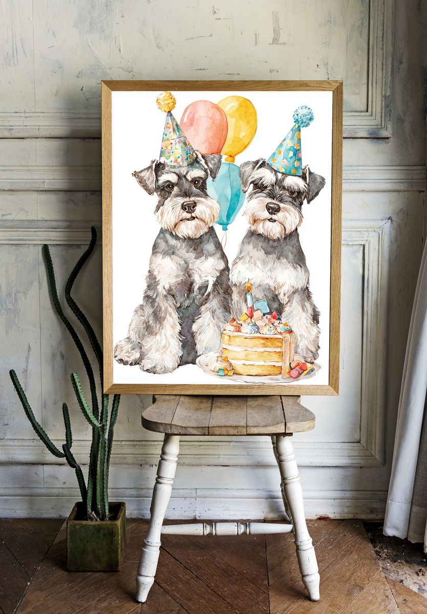 Birthday Schnauzers Watercolor Poster. — room view 1