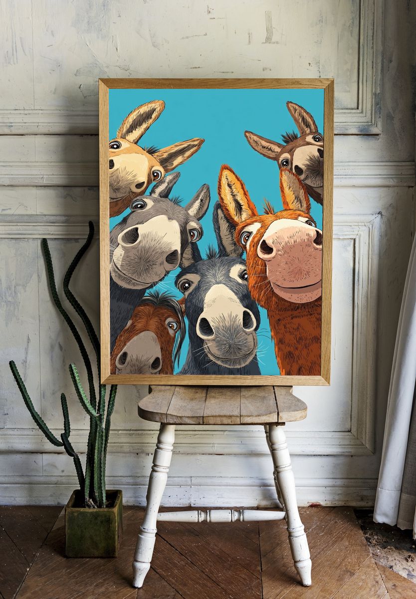 Playful Donkey Faces Illustration Poster. room preview