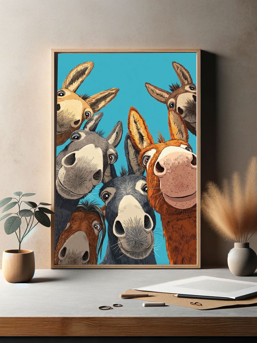 Playful Donkey Faces Illustration Poster. — room view 2