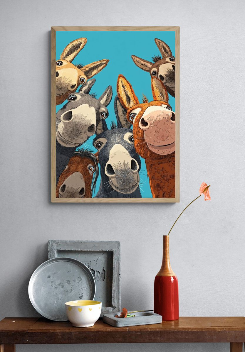Playful Donkey Faces Illustration Poster. — room view 3