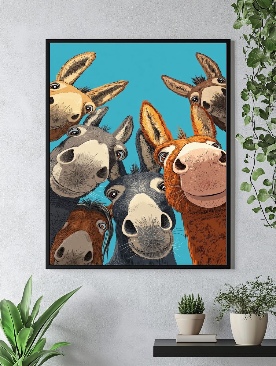 Playful Donkey Faces Illustration Poster. — room view 4