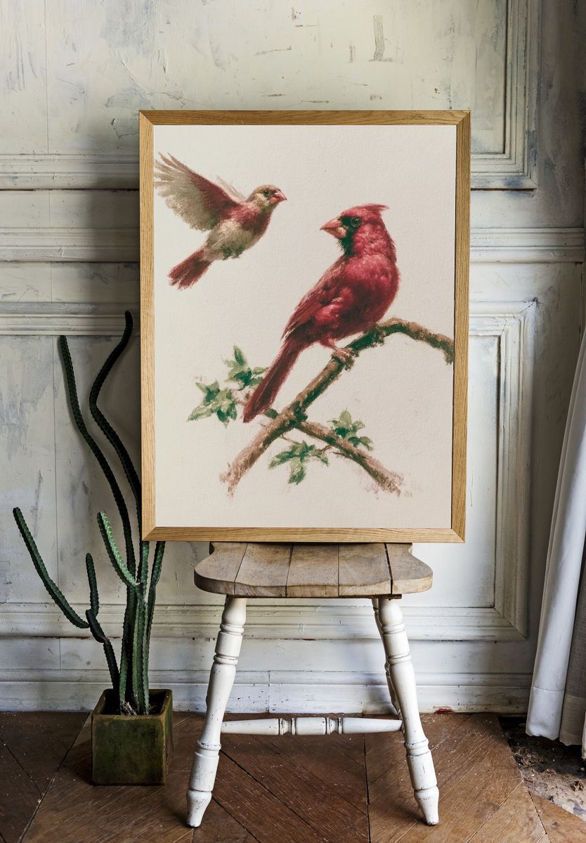 Cardinal Birds Watercolor Print. room preview