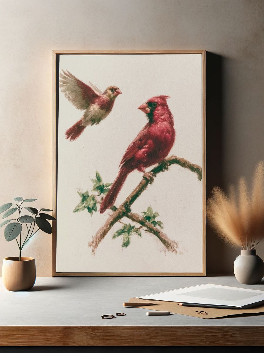 Cardinal Birds Watercolor Print. — room view 2