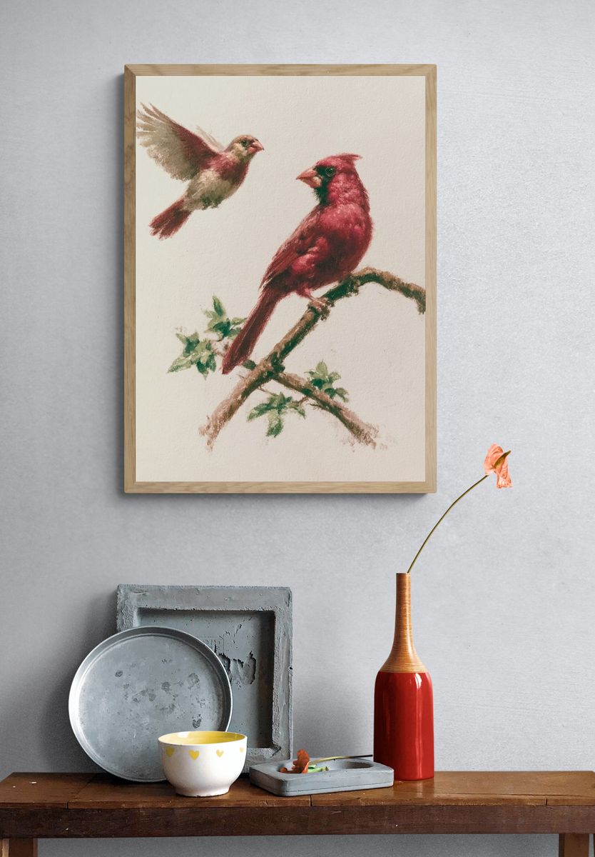 Cardinal Birds Watercolor Print. — room view 3
