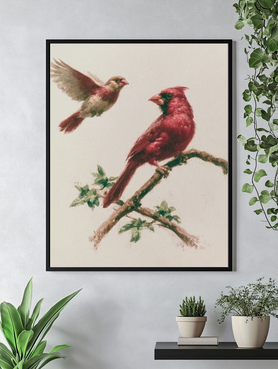 Cardinal Birds Watercolor Print. — room view 4