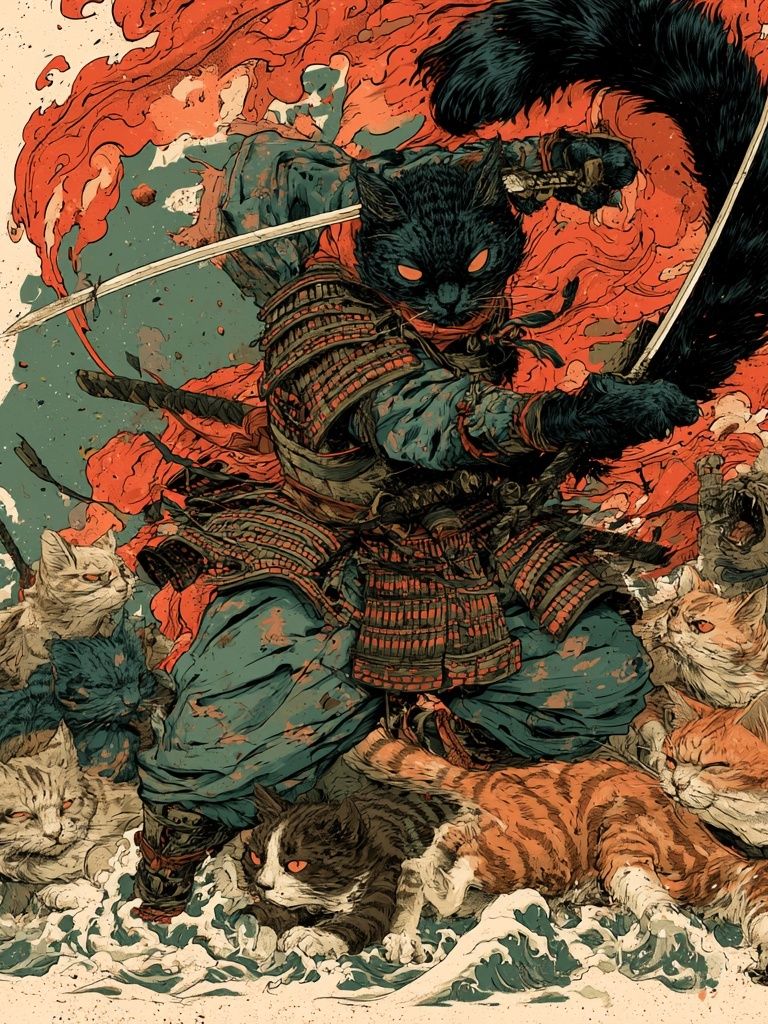 Samurai Cats Digital Art Poster. poster detail