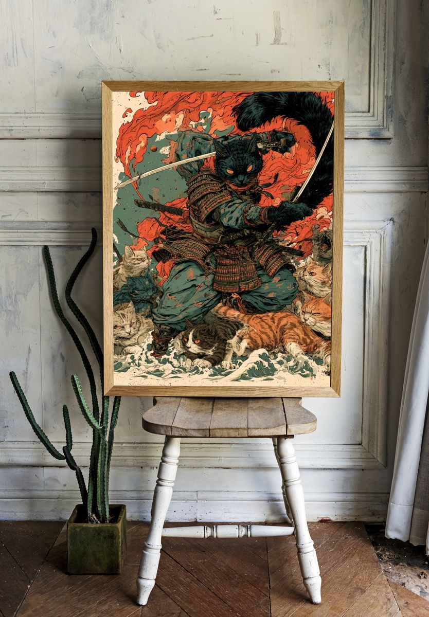Samurai Cats Digital Art Poster. — room view 1