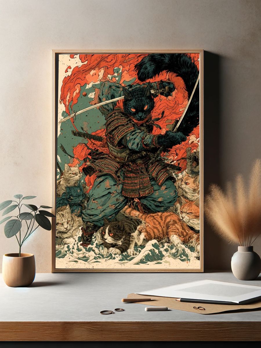 Samurai Cats Digital Art Poster. — room view 2