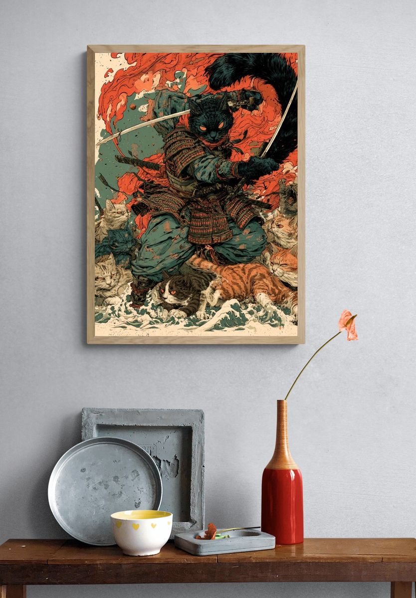 Samurai Cats Digital Art Poster. — room view 3