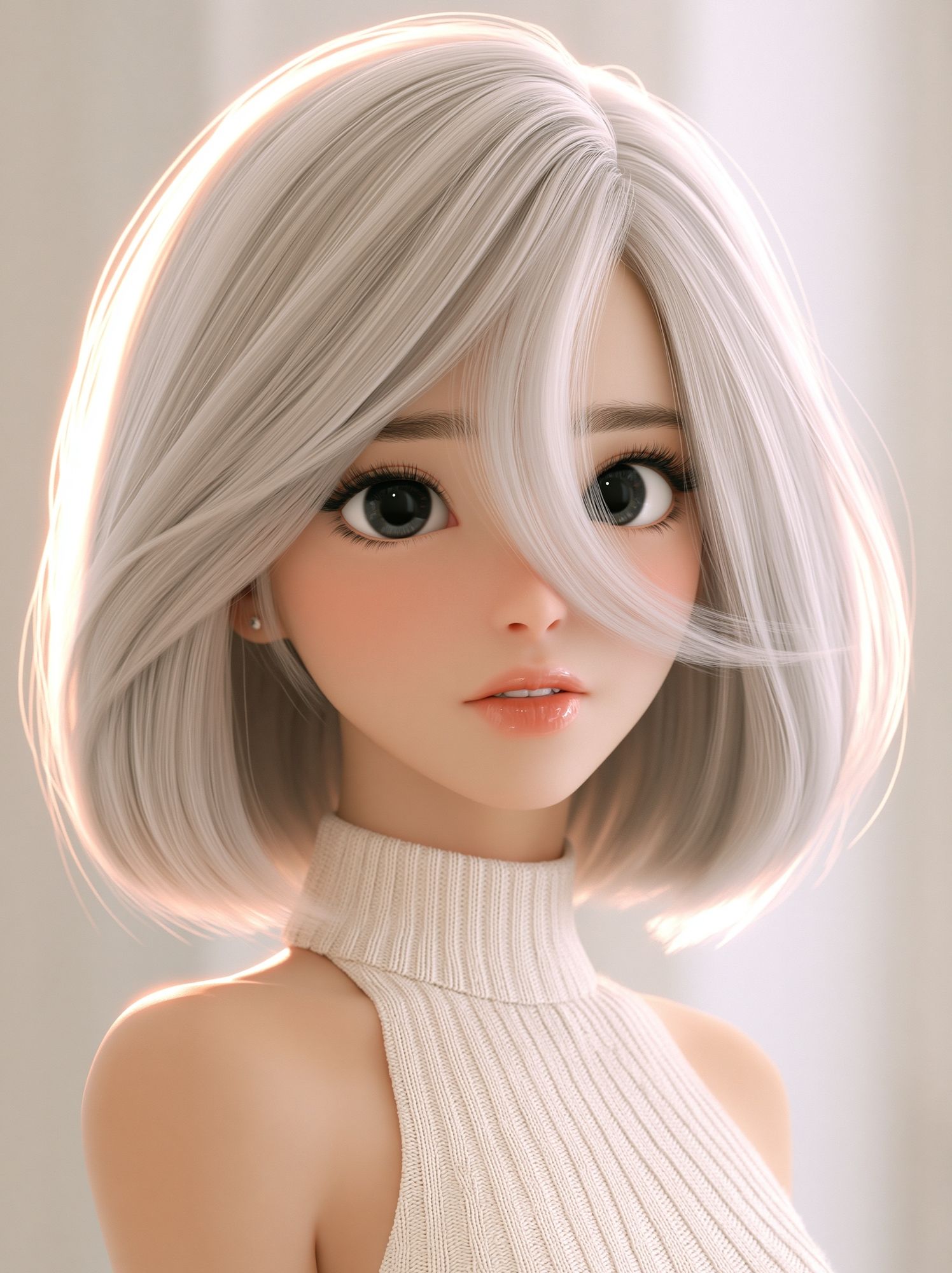 Silver-Haired Anime Girl Portrait Print. poster detail