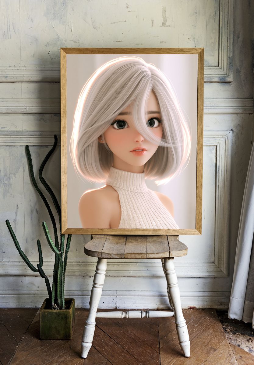 Silver-Haired Anime Girl Portrait Print. room preview