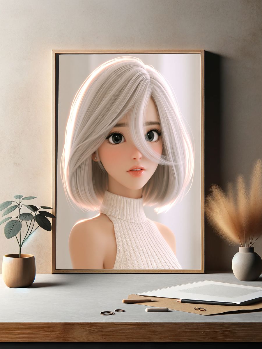 Silver-Haired Anime Girl Portrait Print. — room view 2