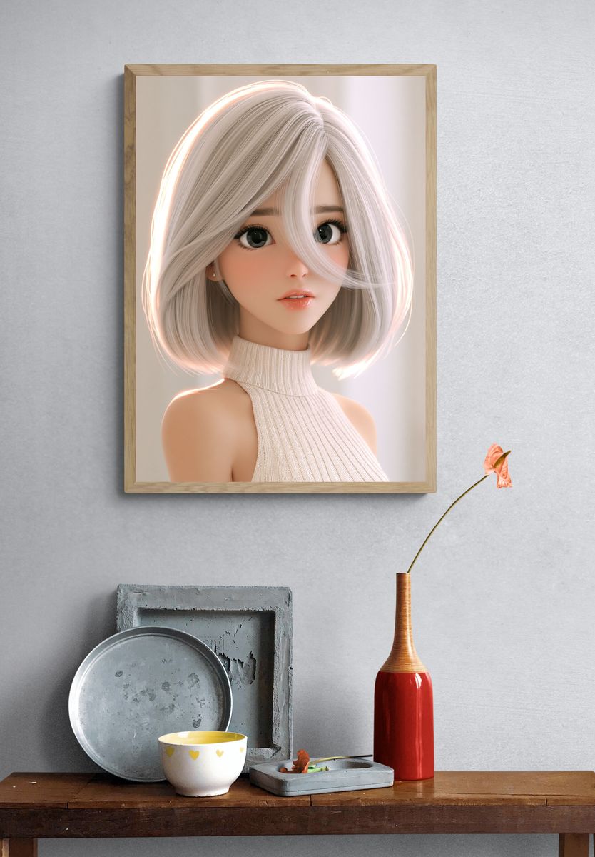 Silver-Haired Anime Girl Portrait Print. — room view 3