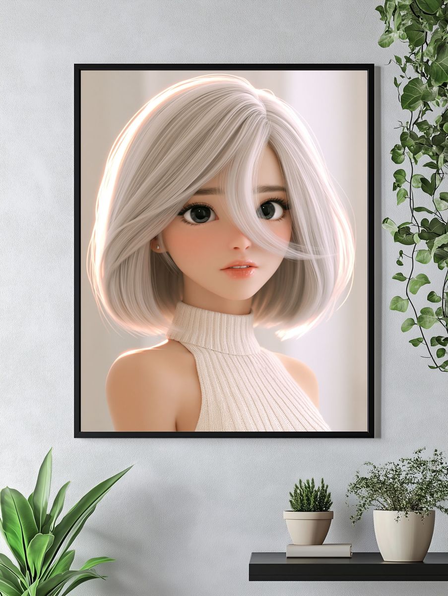 Silver-Haired Anime Girl Portrait Print. — room view 4