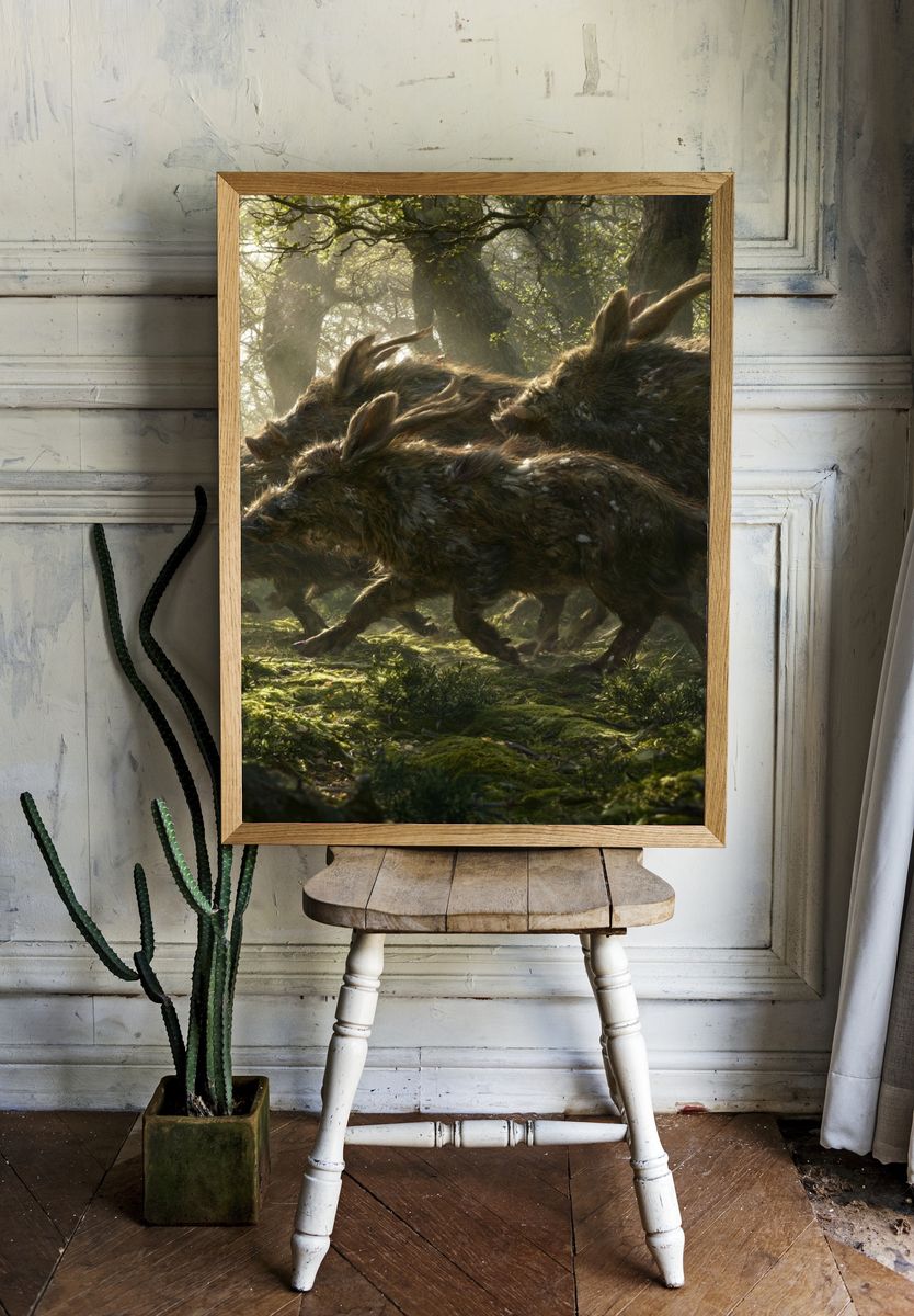 Wild Boar Run Forest Illustration Poster. — room view 1