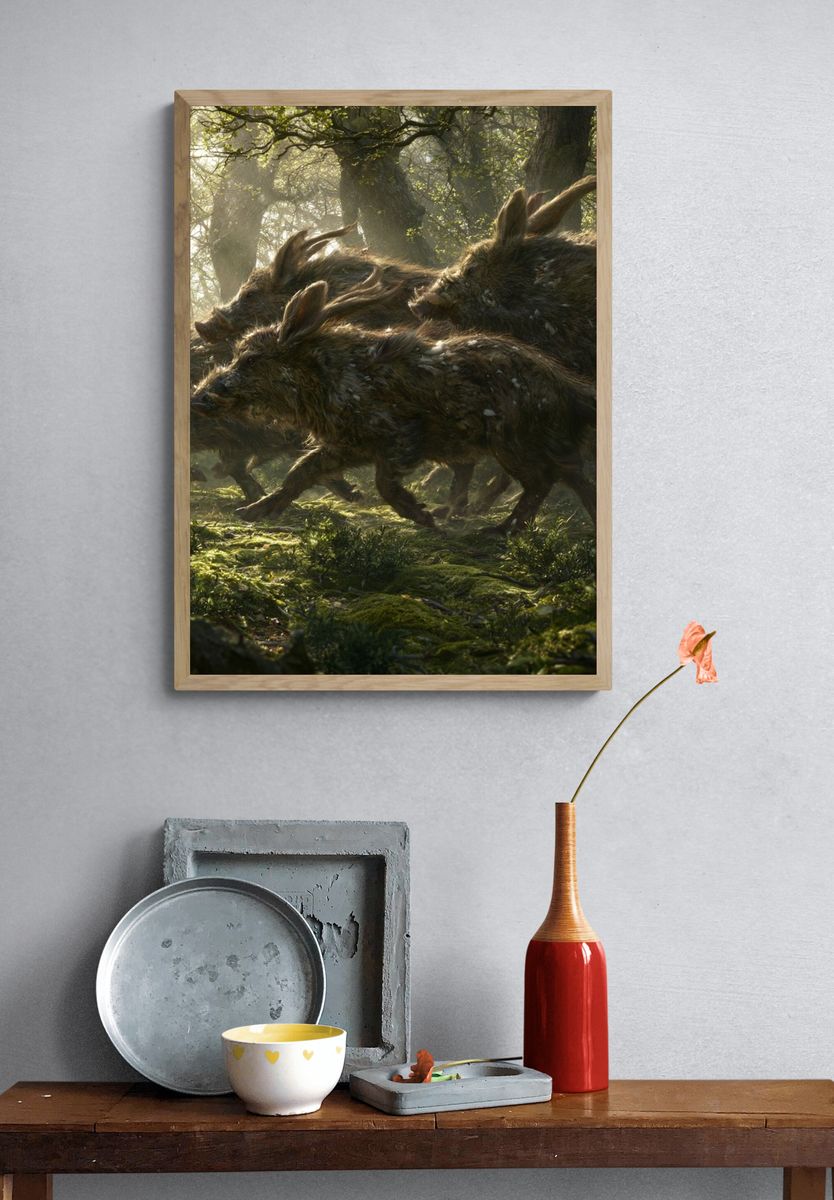 Wild Boar Run Forest Illustration Poster. — room view 3
