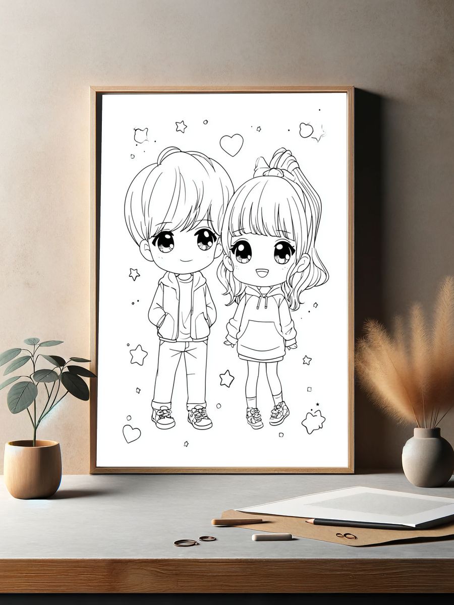 Cute Chibi Couple Coloring Poster. — room view 2
