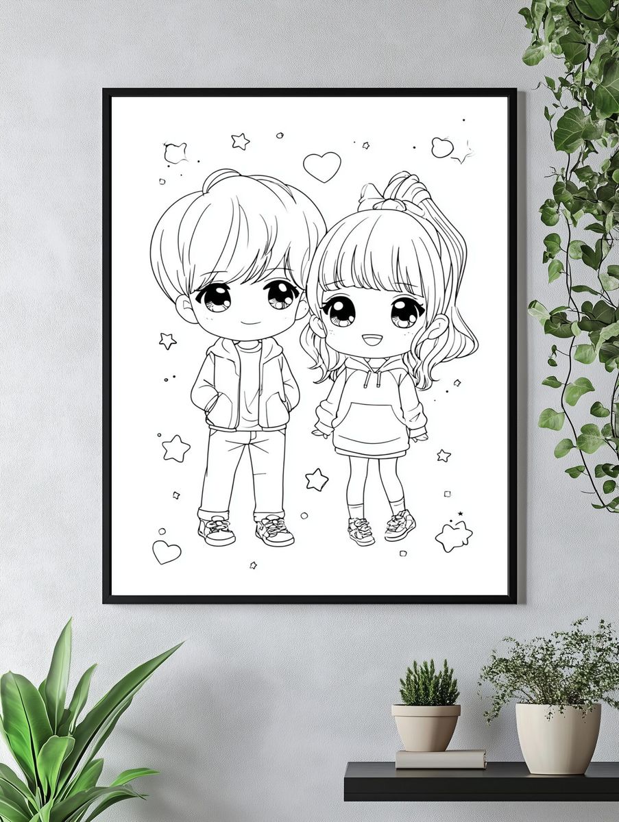 Cute Chibi Couple Coloring Poster. — room view 4